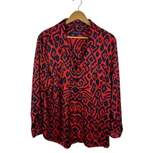 Jones New York‎ Ikat Button Down Shirt Size 2X Red Satin Lightweight Office Bold